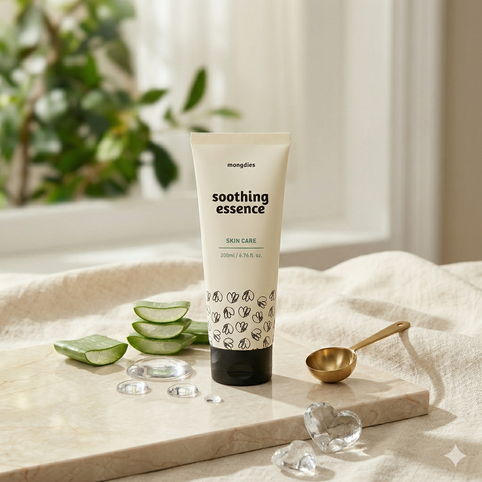 Mongdies Soothing Essence 200ml tube on a towel by a bright window