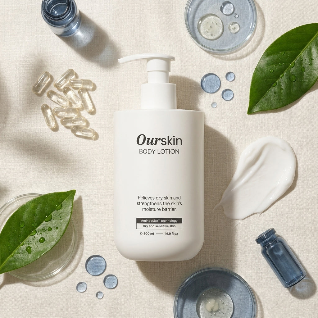 Our Skin Body Lotion 500ml - ingredient flat-lay