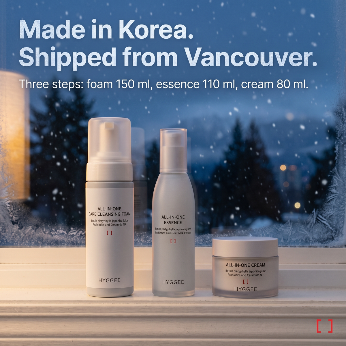 HYGGEE All-In-One Essence 110 ml, shown with the HYGGEE Winter 3-Step routine