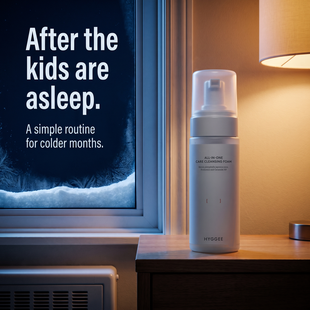 HYGGEE All-In-One Care Cleansing Foam 150 ml, on a dresser at night