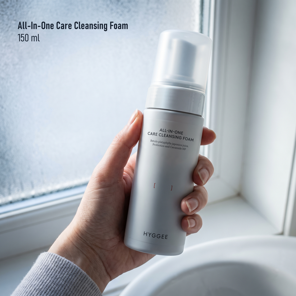 HYGGEE All-In-One Care Cleansing Foam 150 ml, held in hand for scale