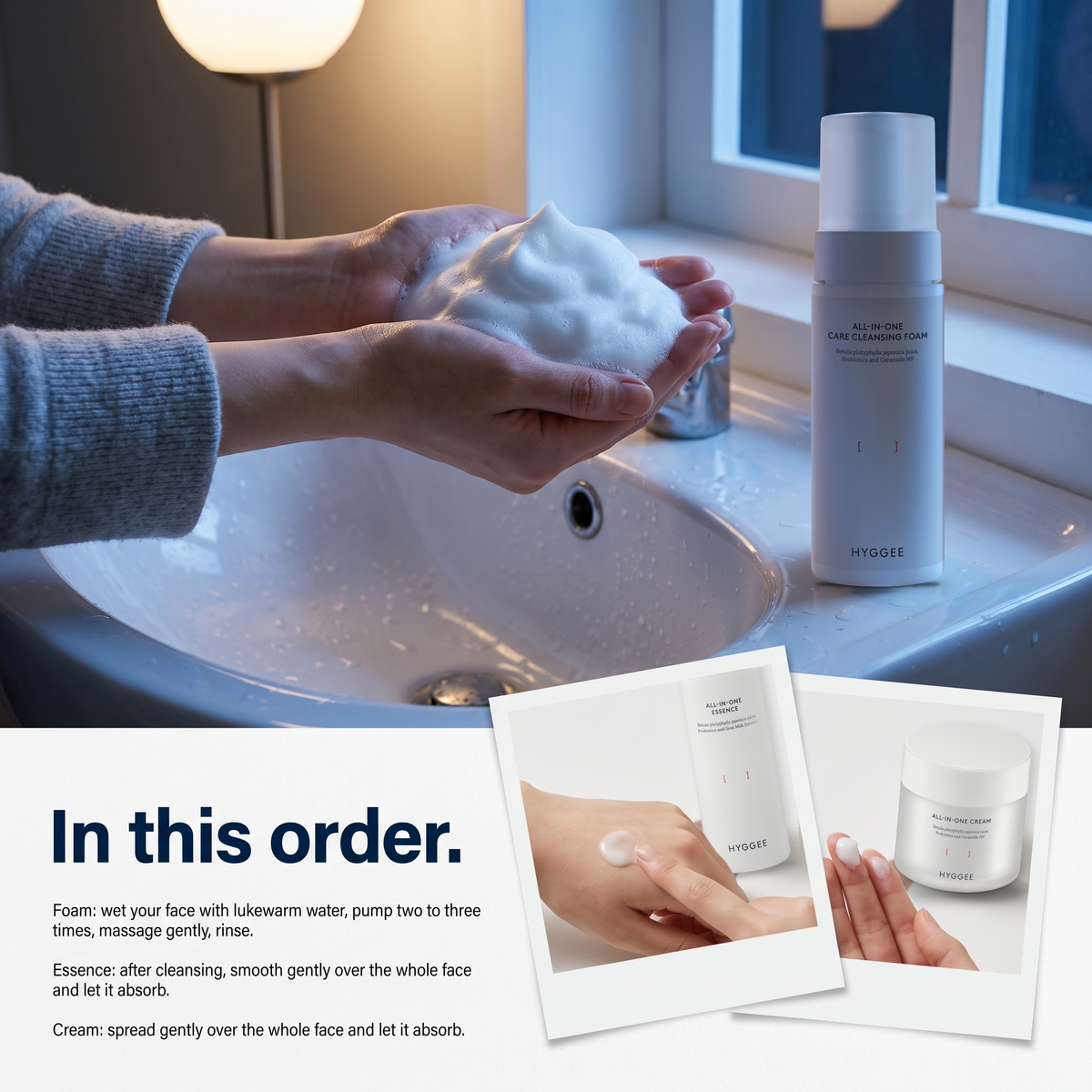 HYGGEE All-In-One Care Cleansing Foam 150 ml, shown with the HYGGEE Winter 3-Step routine