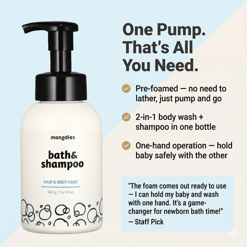 Mongdies Foaming Bath & Shampoo 400g | One-Pump Foam | Zero Rubbing | Tear-Free
