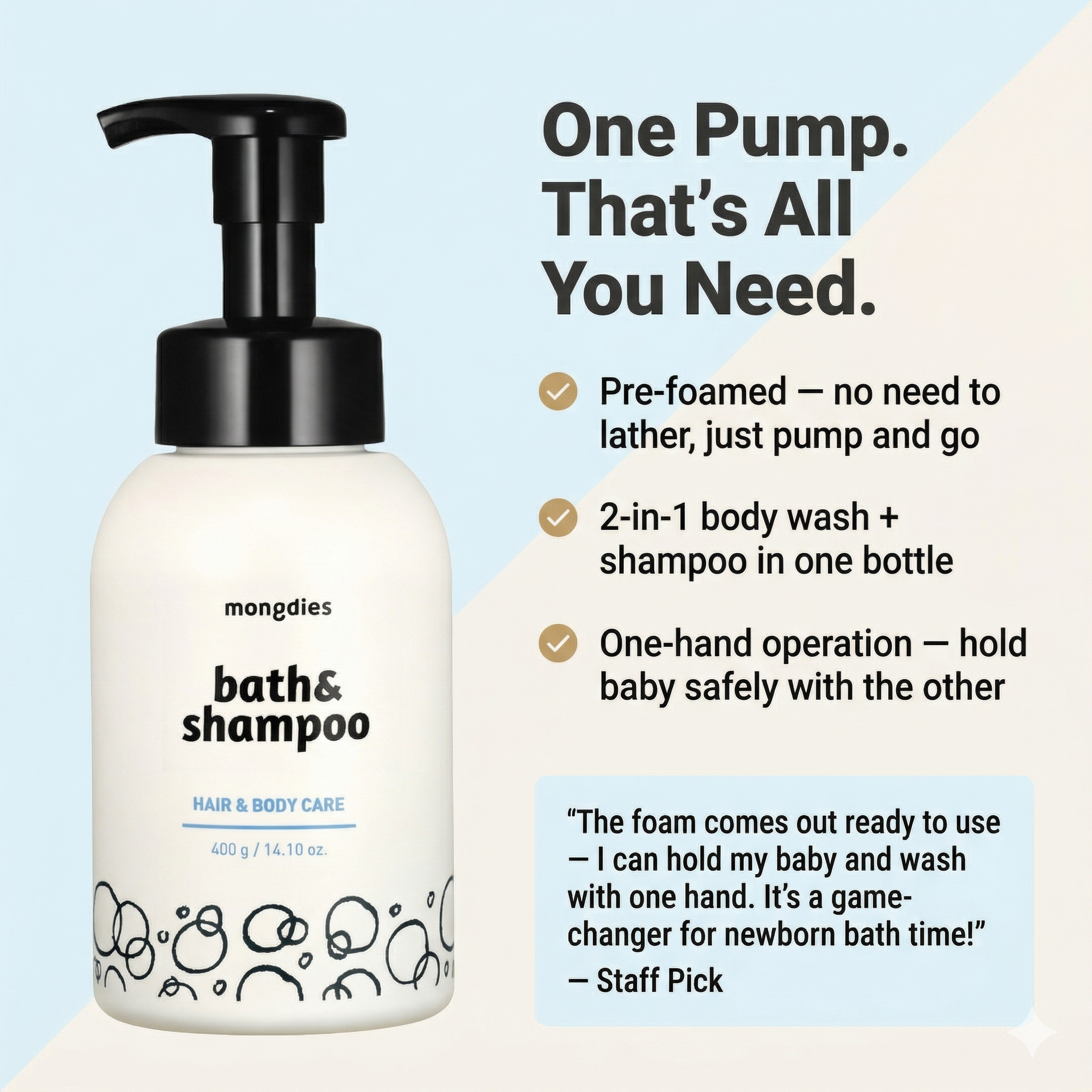 Mongdies Foaming Bath & Shampoo 400g | One-Pump Foam | Zero Rubbing | Tear-Free