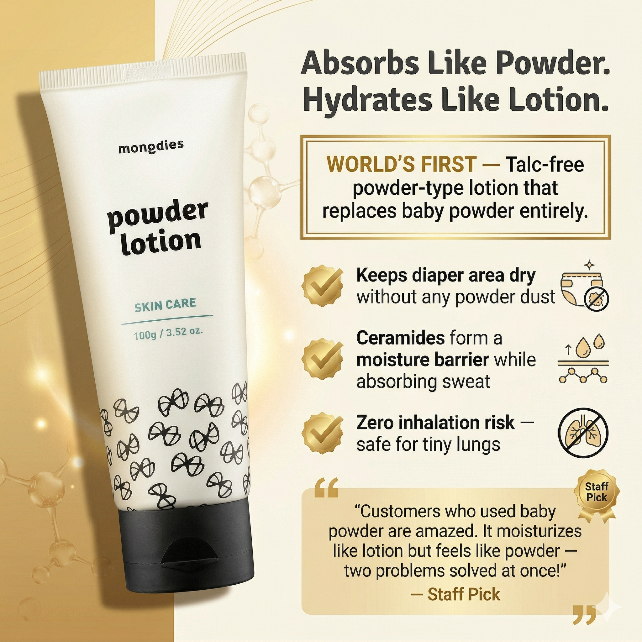 Mongdies Baby Powder Lotion 100g | Talc-Free Corn Starch | 6-Layer Ceramide | Diaper Area Protection