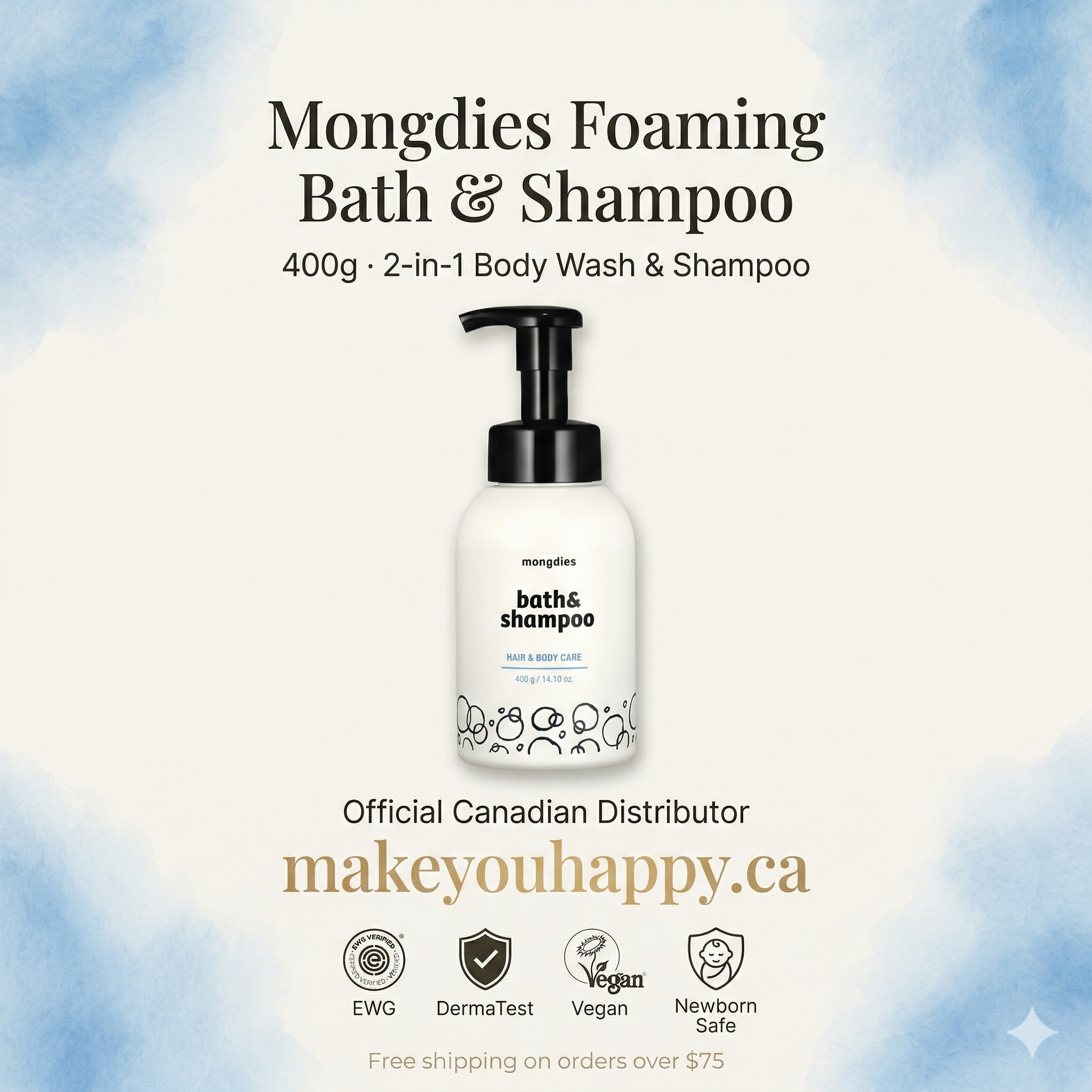 Mongdies Foaming Bath & Shampoo 400g | One-Pump Foam | Zero Rubbing | Tear-Free
