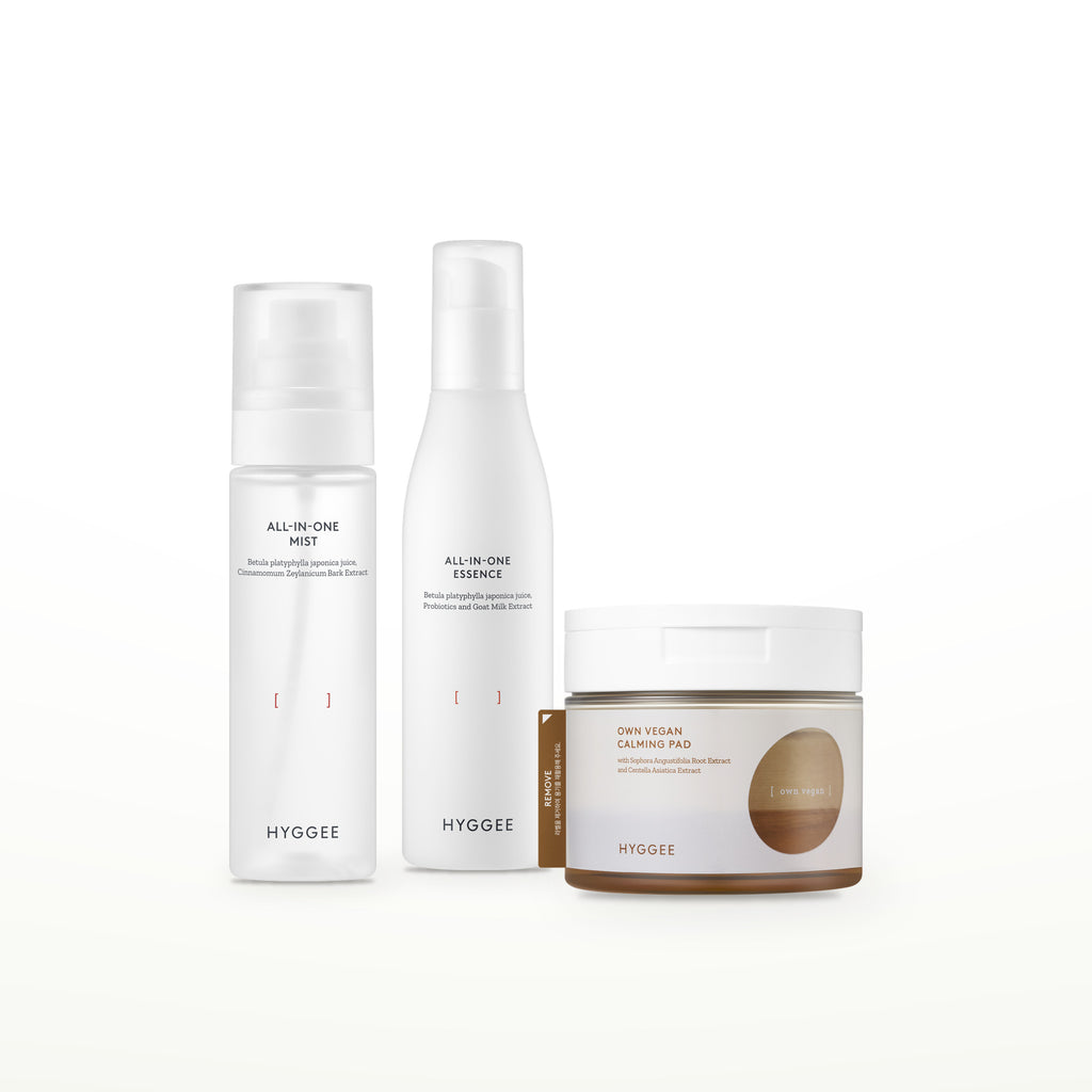 HYGGEE Morning Pad & Essence Set: Toner Pad 70 pads, All-In-One Mist 100 ml, All-In-One Essence 110 ml
