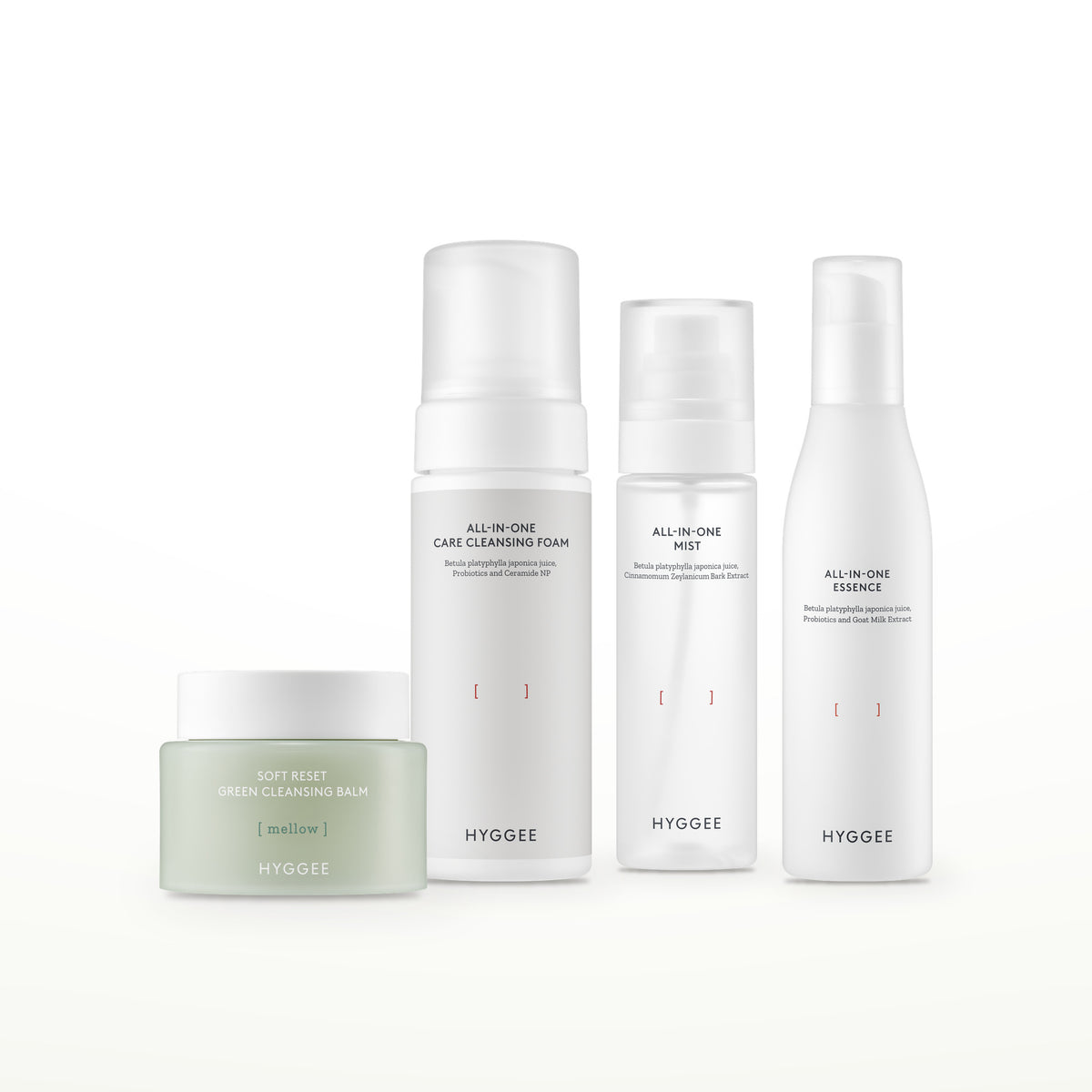 HYGGEE Evening Double-Cleanse Set: Soft Reset Green Cleansing Balm 100 ml, All-In-One Care Cleansing Foam 150 ml, All-In-One Mist 100 ml, All-In-One Essence 110 ml