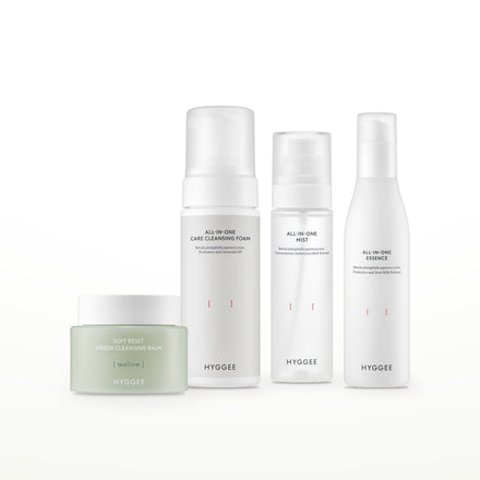 HYGGEE Evening Double-Cleanse Set: Soft Reset Green Cleansing Balm 100 ml, All-In-One Care Cleansing Foam 150 ml, All-In-One Mist 100 ml, All-In-One Essence 110 ml
