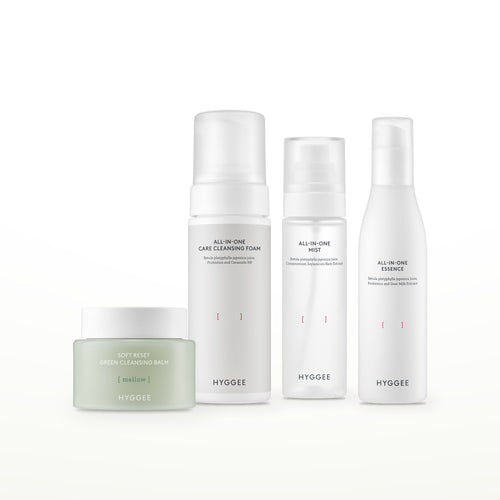 HYGGEE Evening Double-Cleanse Set: Soft Reset Green Cleansing Balm 100 ml, All-In-One Care Cleansing Foam 150 ml, All-In-One Mist 100 ml, All-In-One Essence 110 ml