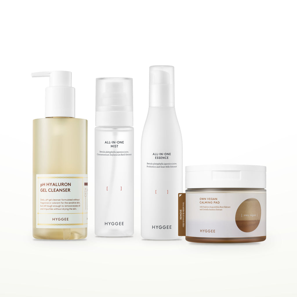 HYGGEE Gel Cleanser & Pad Set: pH Hyaluron Gel Cleanser 200 ml, Toner Pad 70 pads, All-In-One Mist 100 ml, All-In-One Essence 110 ml