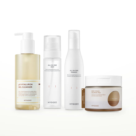 HYGGEE Gel Cleanser & Pad Set: pH Hyaluron Gel Cleanser 200 ml, Toner Pad 70 pads, All-In-One Mist 100 ml, All-In-One Essence 110 ml
