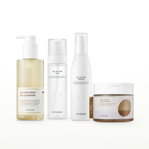 HYGGEE Gel Cleanser & Pad Set: pH Hyaluron Gel Cleanser 200 ml, Toner Pad 70 pads, All-In-One Mist 100 ml, All-In-One Essence 110 ml