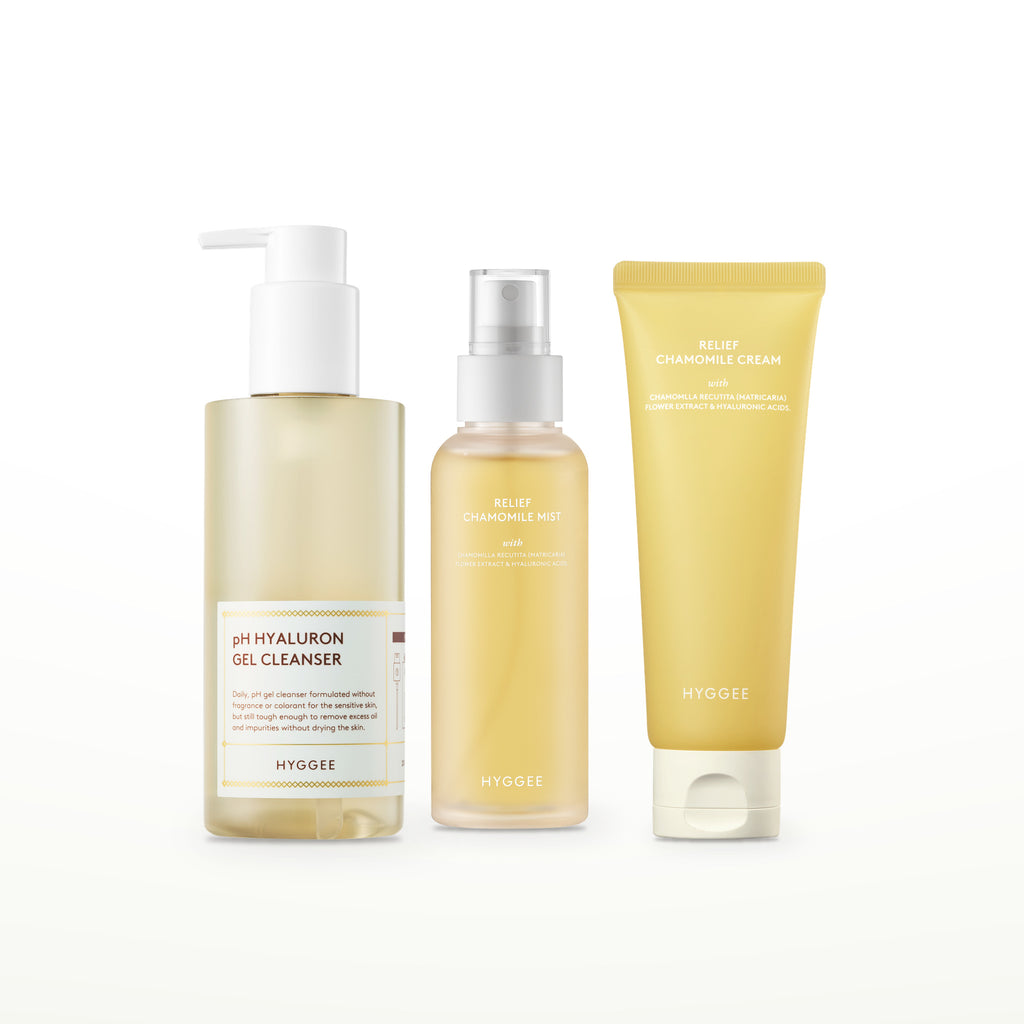 HYGGEE Starter Set: pH Hyaluron Gel Cleanser 200 ml, Chamomile Mist 100 ml, Chamomile Cream 85 g