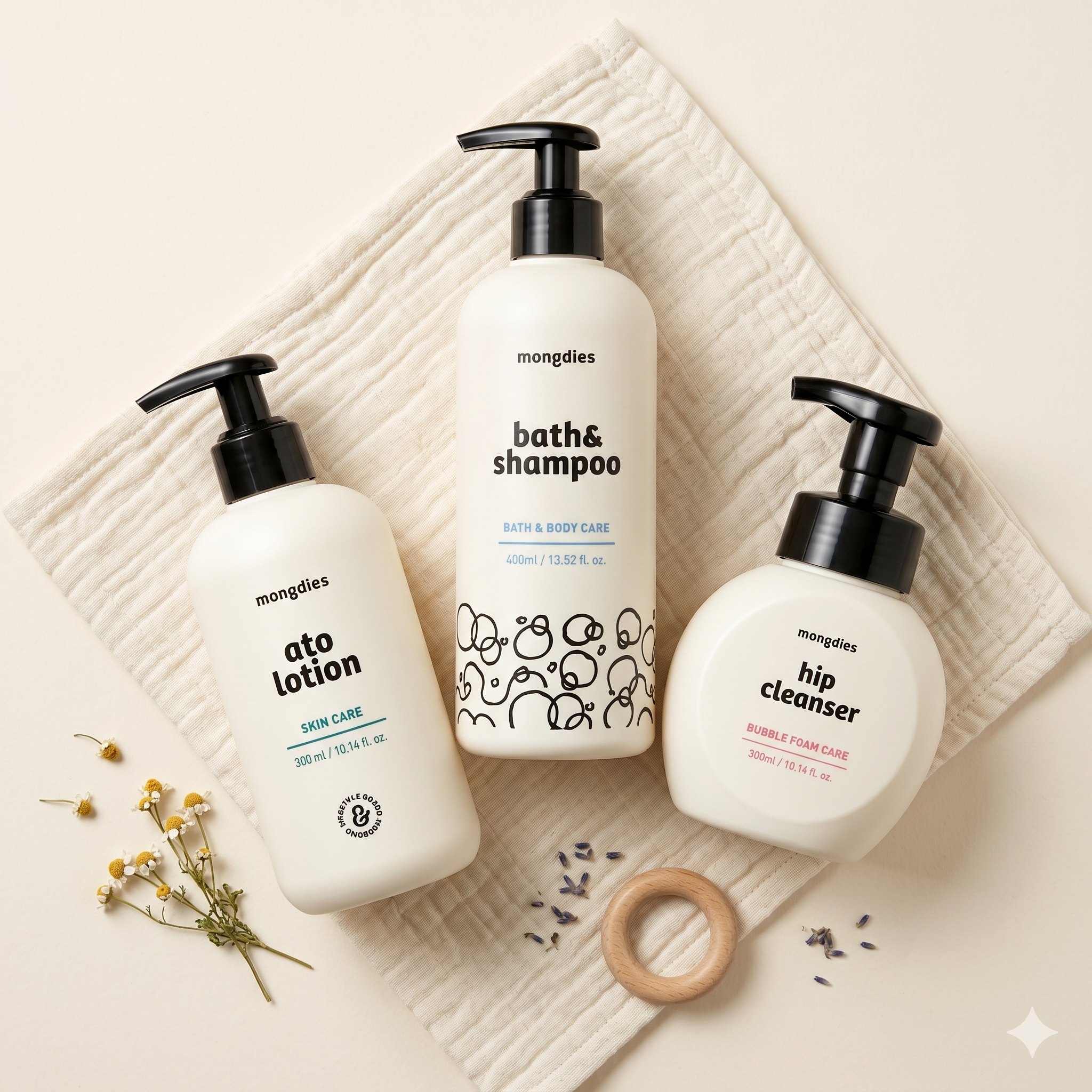 Mongdies Baby Newborn Essentials Set | Bath & Shampoo + Ato Lotion + Hip Cleanser | First Skincare for Baby Canada