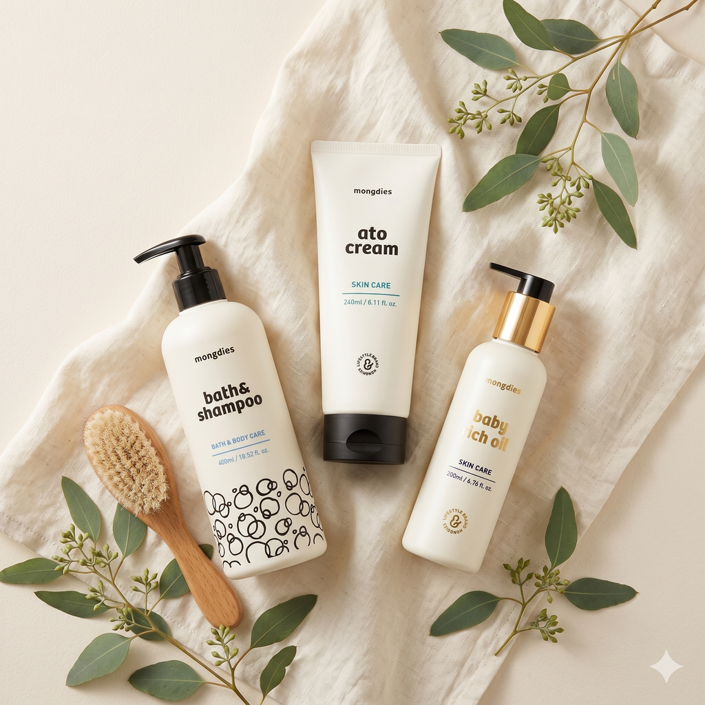 Mongdies Baby Bathtime Complete Set | Bath & Shampoo + Ato Cream + Baby Rich Oil | 3-Step Bath to Bed Skincare