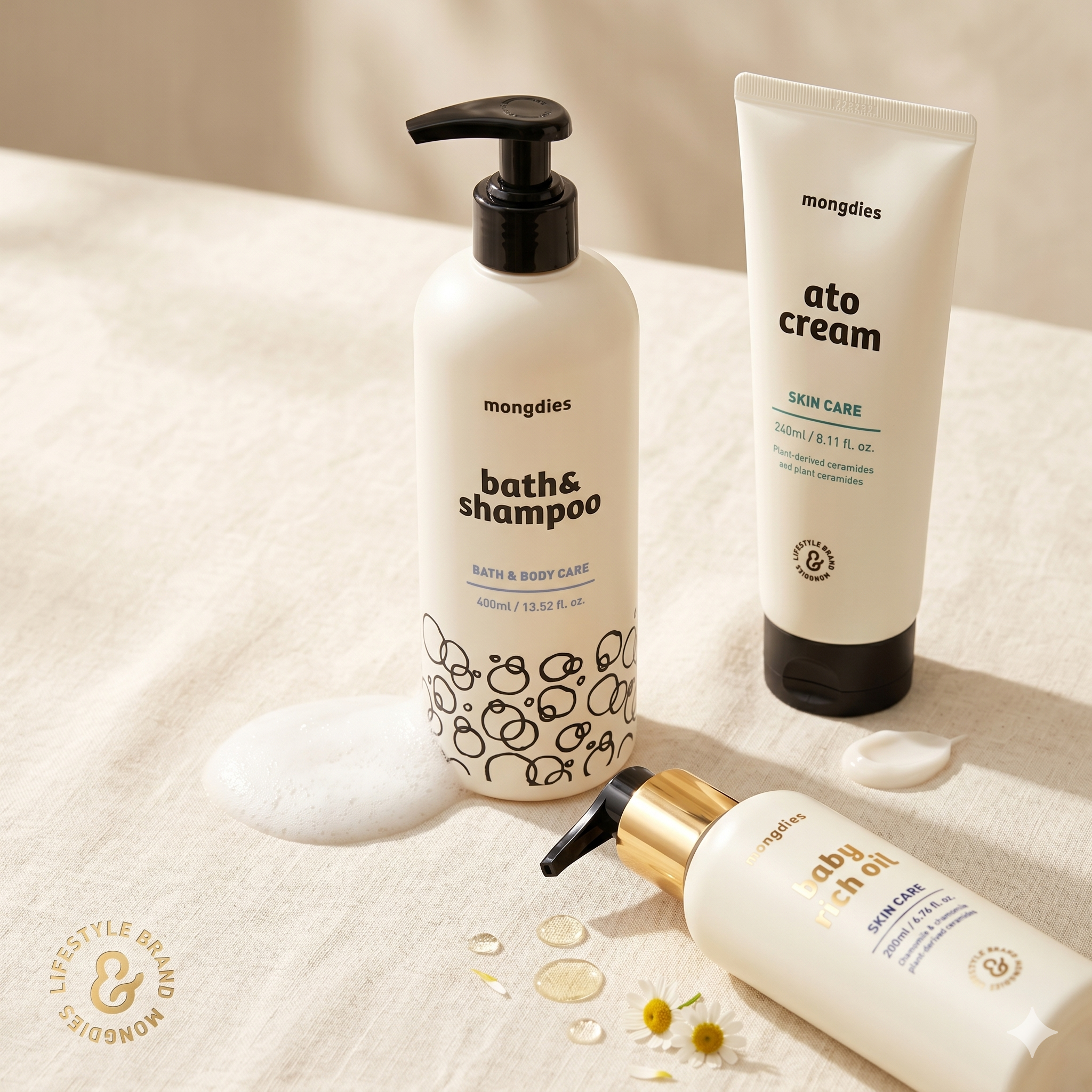 Mongdies Baby Bathtime Complete Set | Bath & Shampoo + Ato Cream + Baby Rich Oil | 3-Step Bath to Bed Skincare
