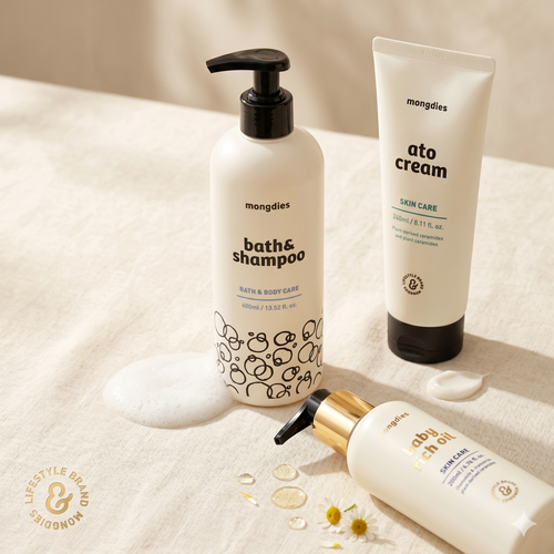 Mongdies Baby Bathtime Complete Set | Bath & Shampoo + Ato Cream + Baby Rich Oil | 3-Step Bath to Bed Skincare