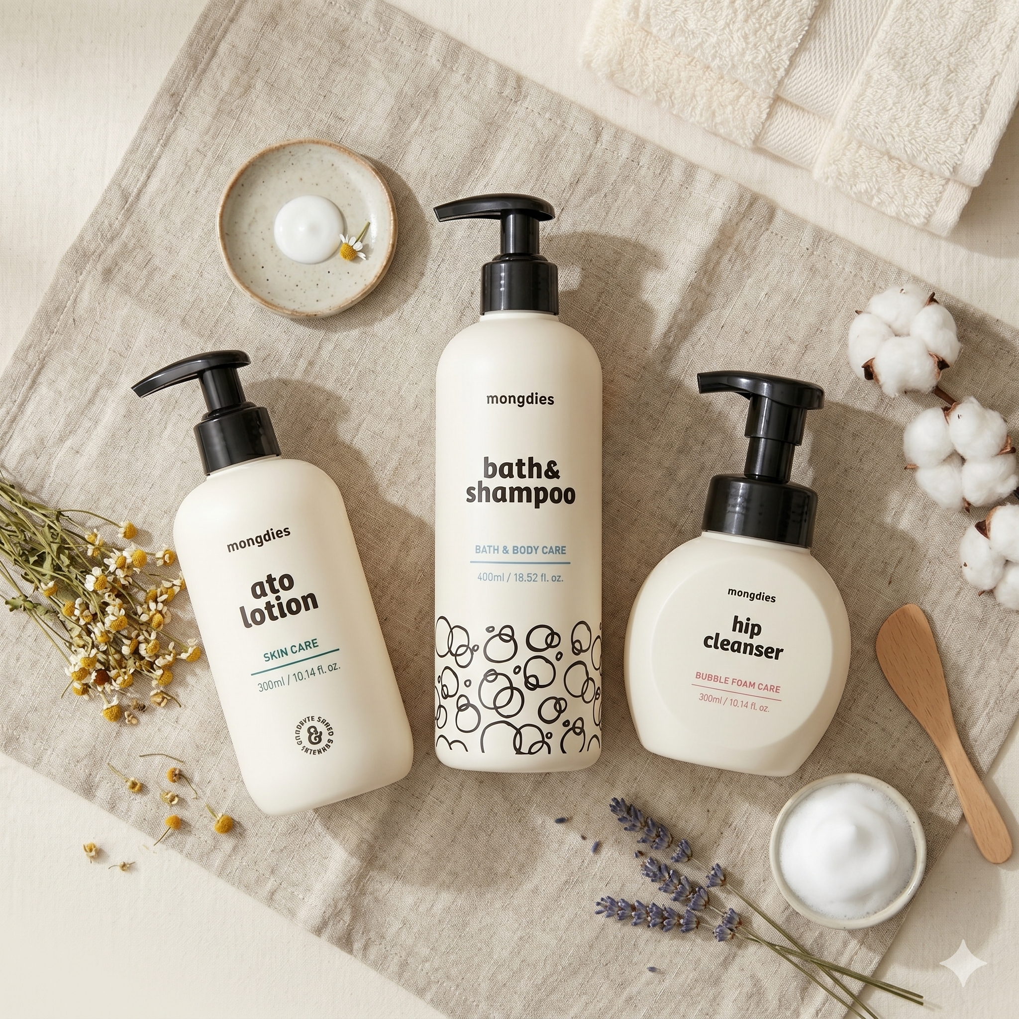 Mongdies Baby Newborn Essentials Set | Bath & Shampoo + Ato Lotion + Hip Cleanser | First Skincare for Baby Canada