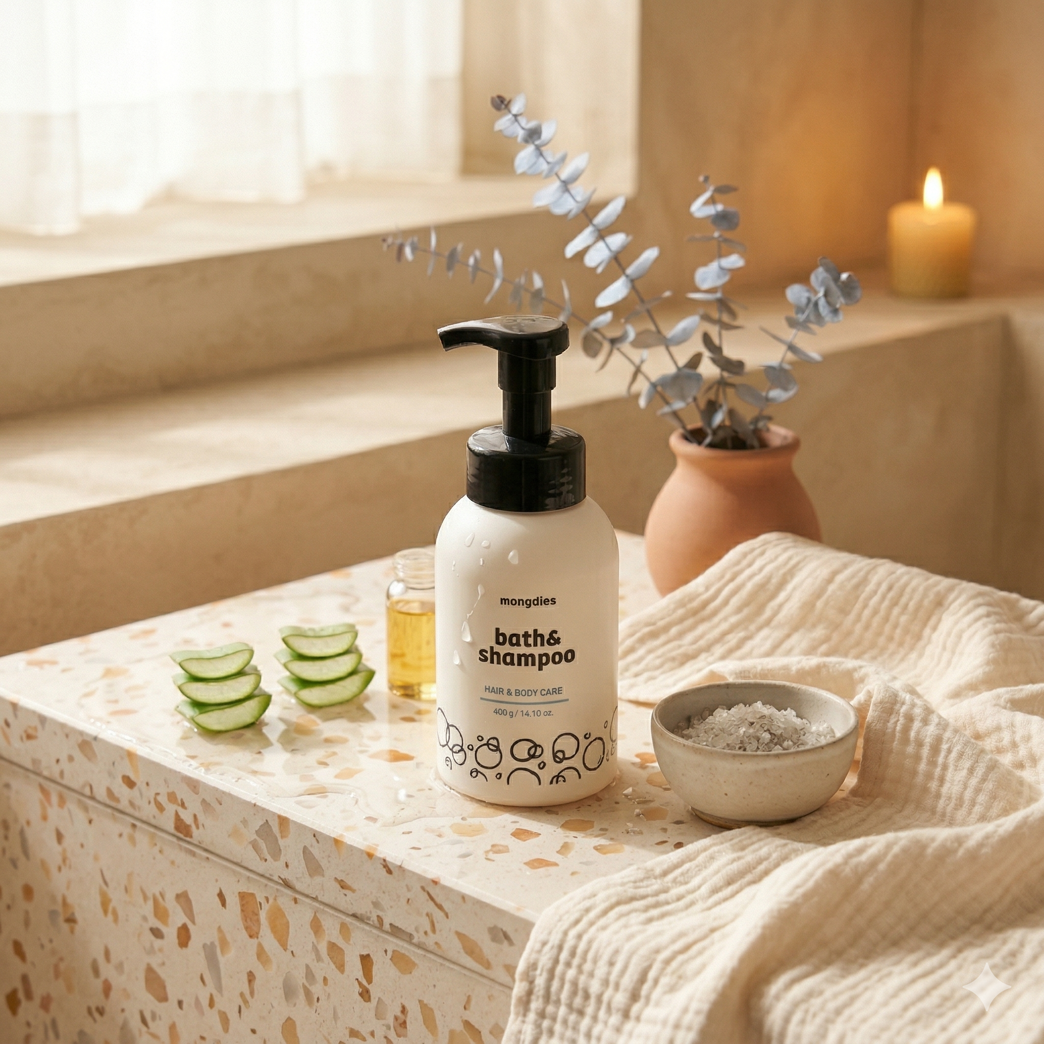 Mongdies Foaming Bath & Shampoo 400g | One-Pump Foam | Zero Rubbing | Tear-Free