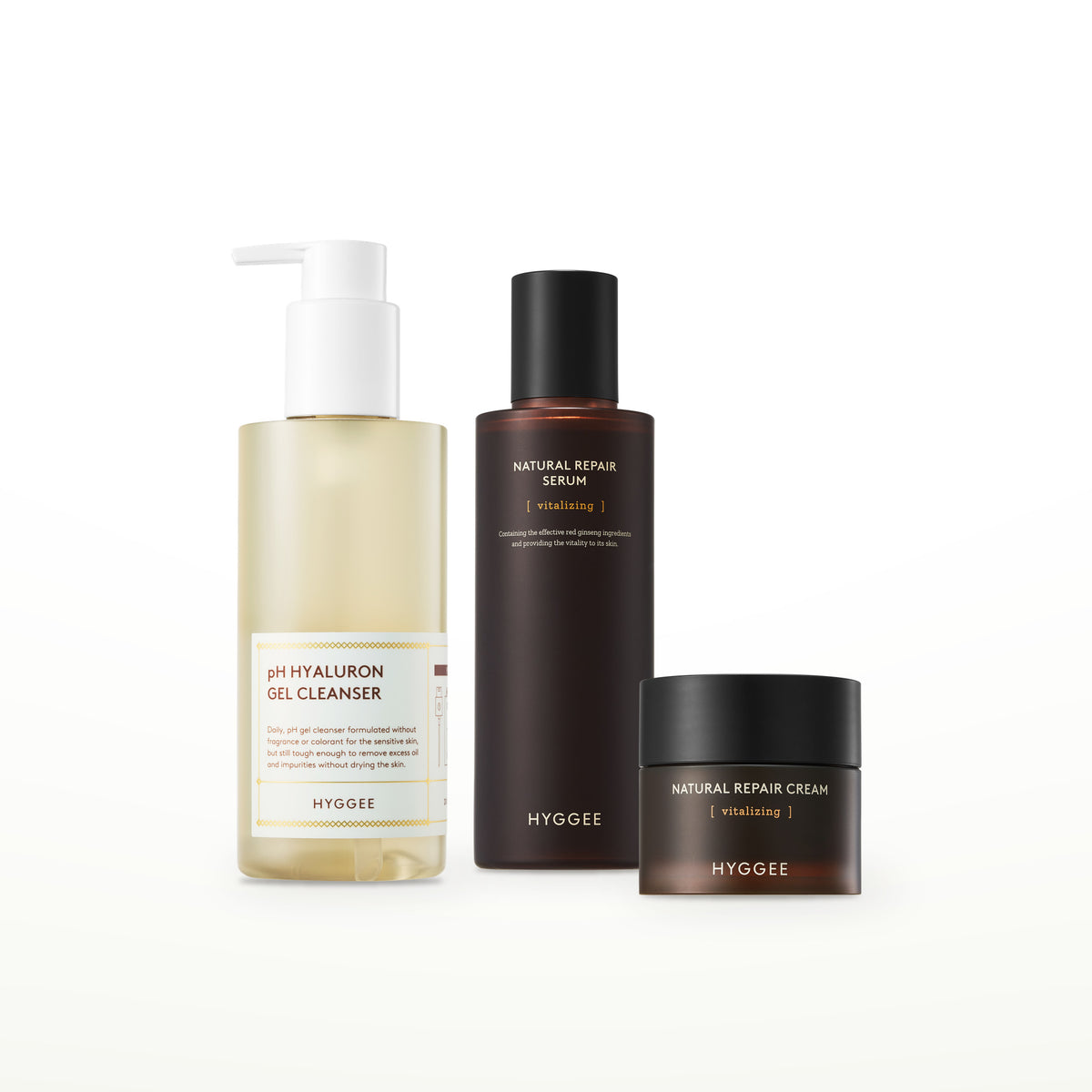 HYGGEE Red Ginseng 3-Step Set: pH Hyaluron Gel Cleanser 200 ml, Natural Repair Serum 120 ml, Natural Repair Cream 50 ml