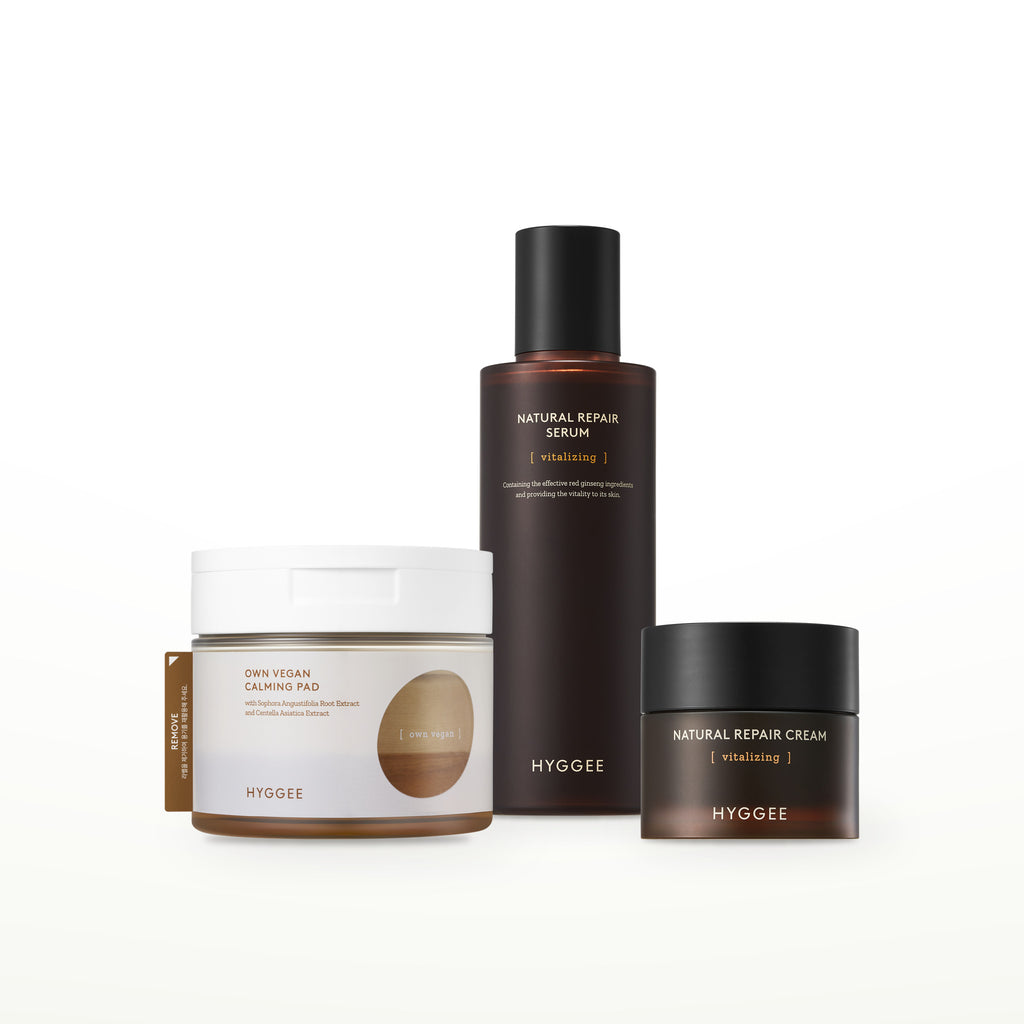 HYGGEE Pad & Red Ginseng Set: Toner Pad 70 pads, Natural Repair Serum 120 ml, Natural Repair Cream 50 ml