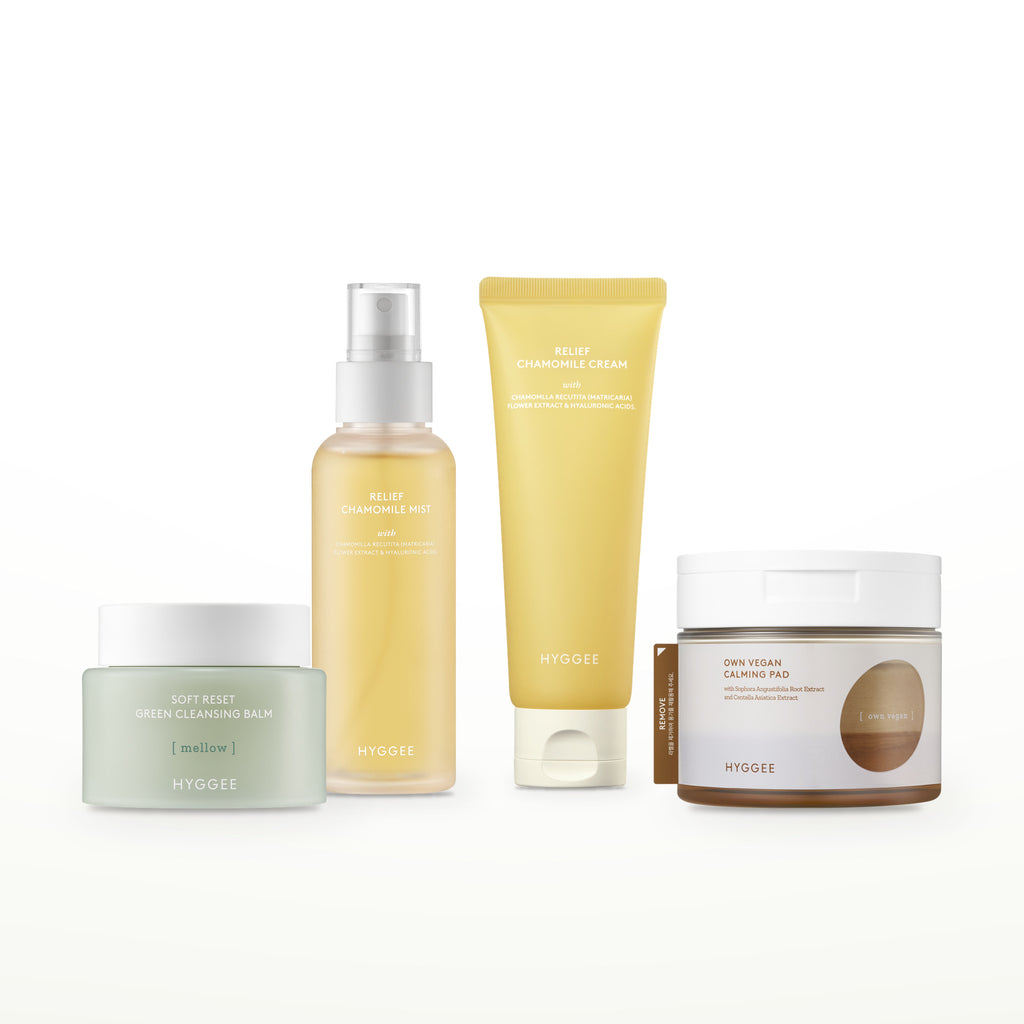 HYGGEE Chamomile Evening Set: Soft Reset Green Cleansing Balm 100 ml, Toner Pad 70 pads, Chamomile Mist 100 ml, Chamomile Cream 85 g
