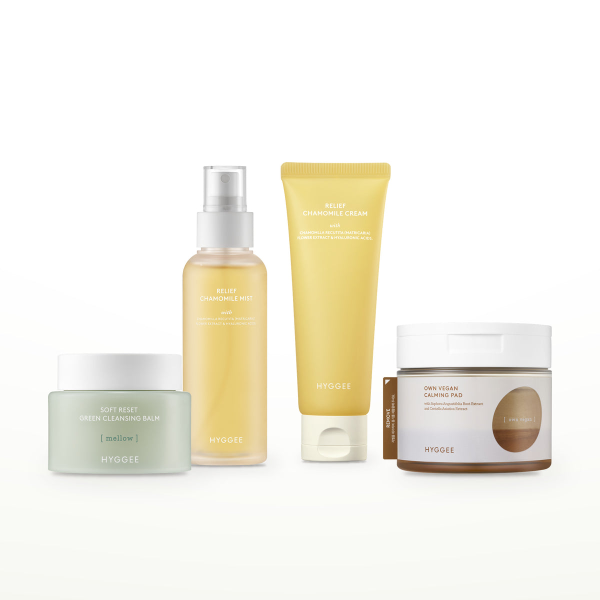 HYGGEE Chamomile Evening Set: Soft Reset Green Cleansing Balm 100 ml, Toner Pad 70 pads, Chamomile Mist 100 ml, Chamomile Cream 85 g