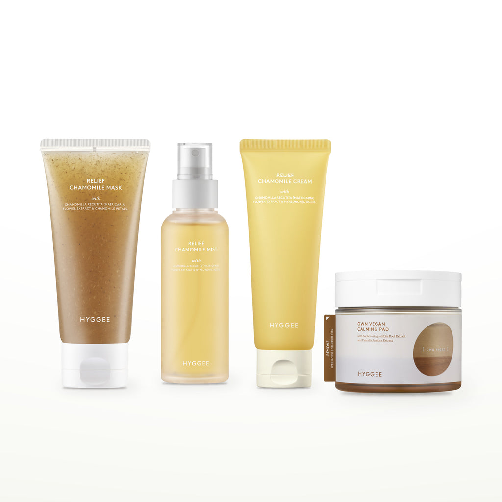 HYGGEE Chamomile Weekend Mask Set: Toner Pad 70 pads, Chamomile Mask 95 ml, Chamomile Mist 100 ml, Chamomile Cream 85 g