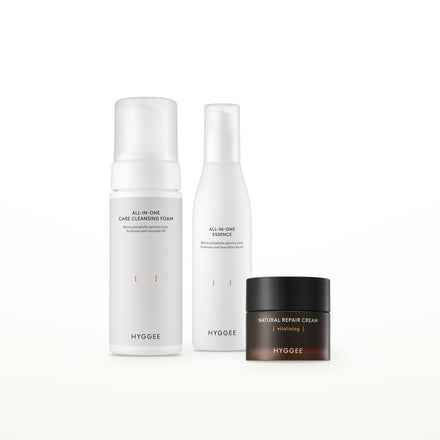 HYGGEE Daily 3-Step Set: All-In-One Care Cleansing Foam 150 ml, All-In-One Essence 110 ml, Natural Repair Cream 50 ml