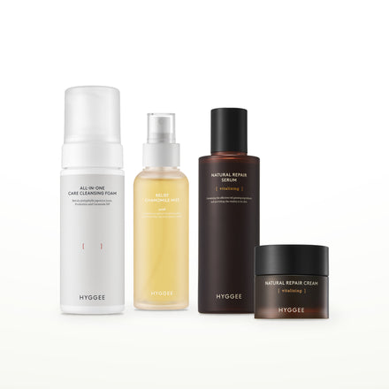HYGGEE Cleanse to Cream Red Ginseng Set: All-In-One Care Cleansing Foam 150 ml, Chamomile Mist 100 ml, Natural Repair Serum 120 ml, Natural Repair Cream 50 ml