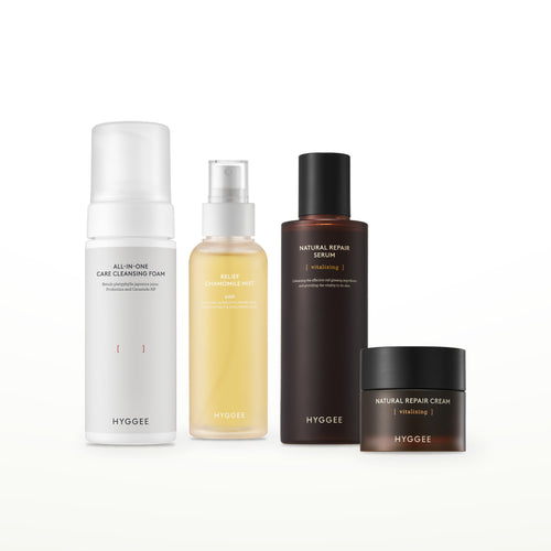 HYGGEE Cleanse to Cream Red Ginseng Set: All-In-One Care Cleansing Foam 150 ml, Chamomile Mist 100 ml, Natural Repair Serum 120 ml, Natural Repair Cream 50 ml