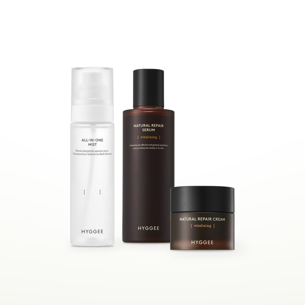 HYGGEE Red Ginseng Layering Set: All-In-One Mist 100 ml, Natural Repair Serum 120 ml, Natural Repair Cream 50 ml